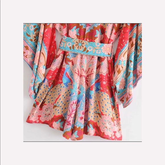 Boho Gypsy Ruby Floral Lotus Print Kimono Romper - Picture 6 of 8